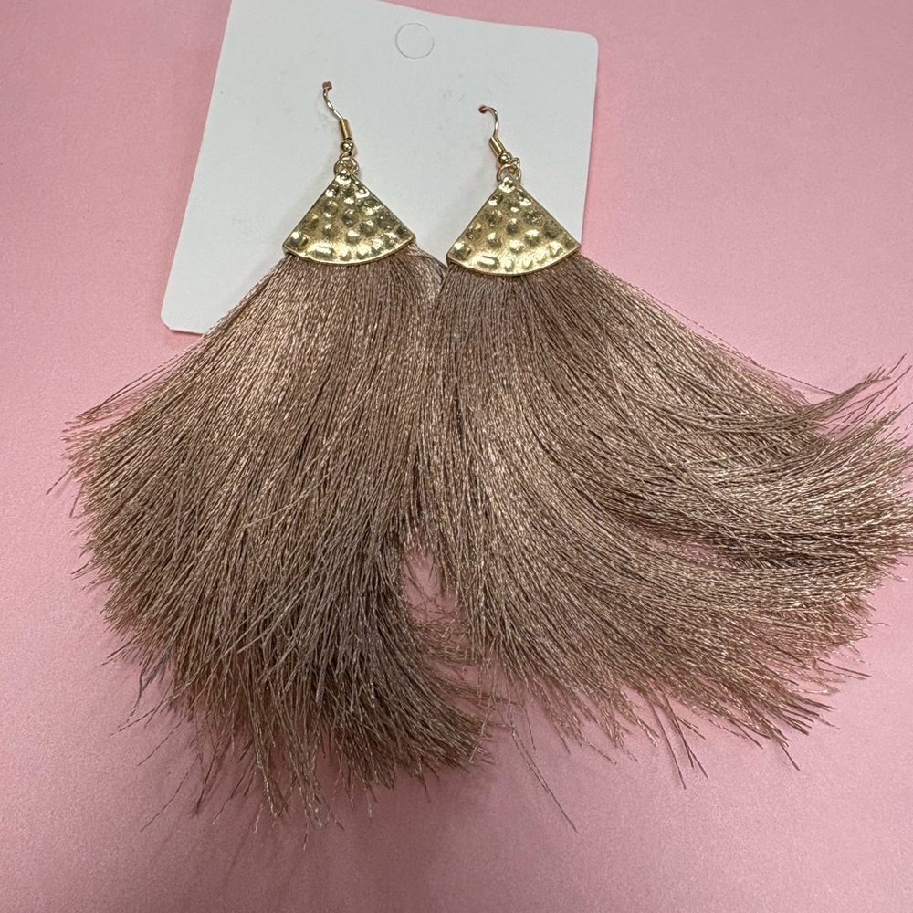 Gold and Tan Statement Tassel Earrings